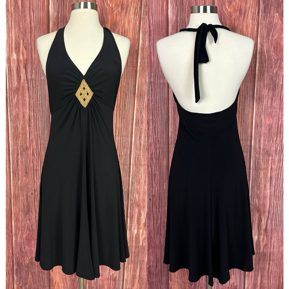 Jones New York Vintage Y2K Black halter Cocktail Dress Beaded Diamond 2000s Sz 6